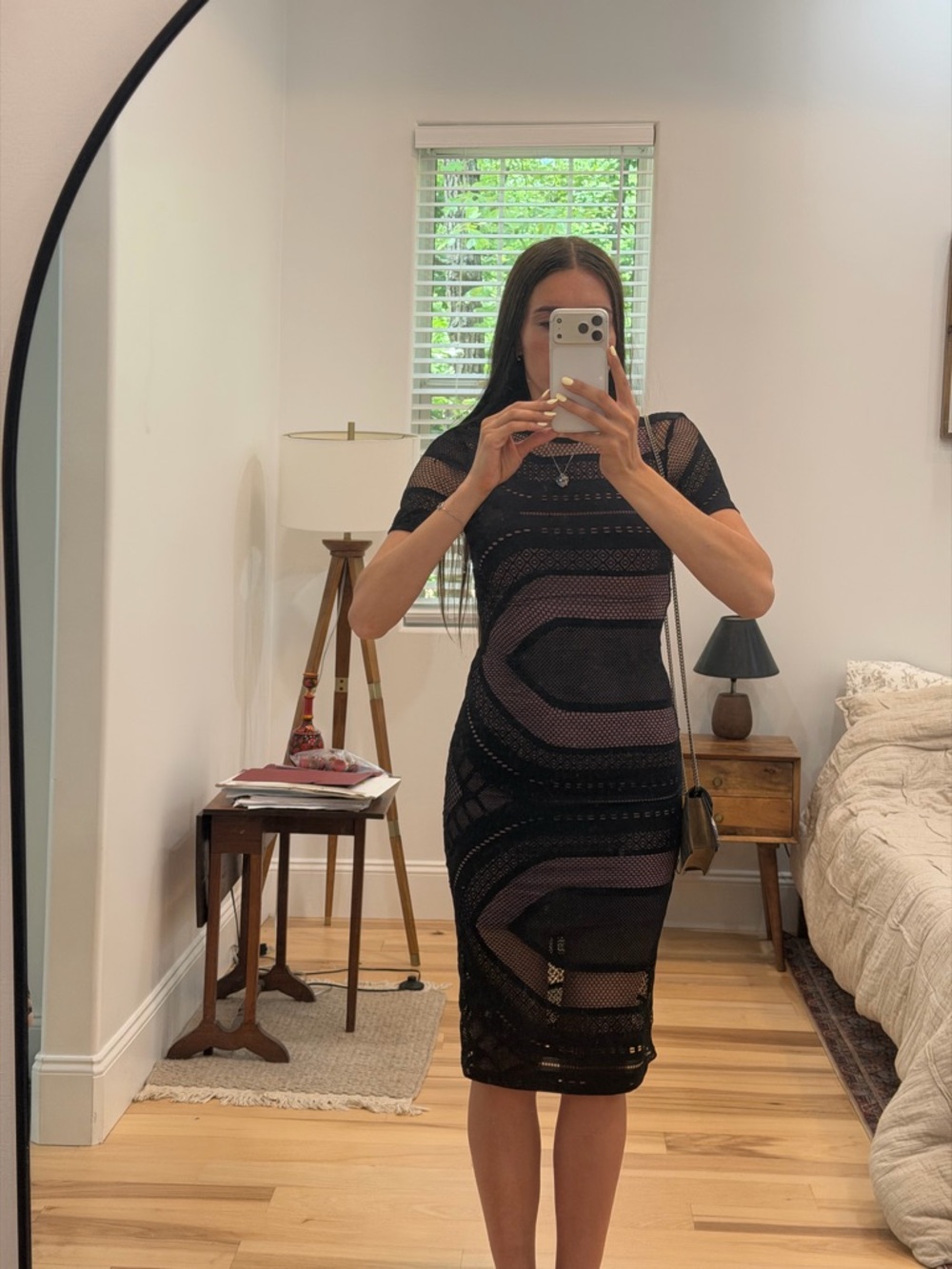 Black lace mesh bodycon midi dress